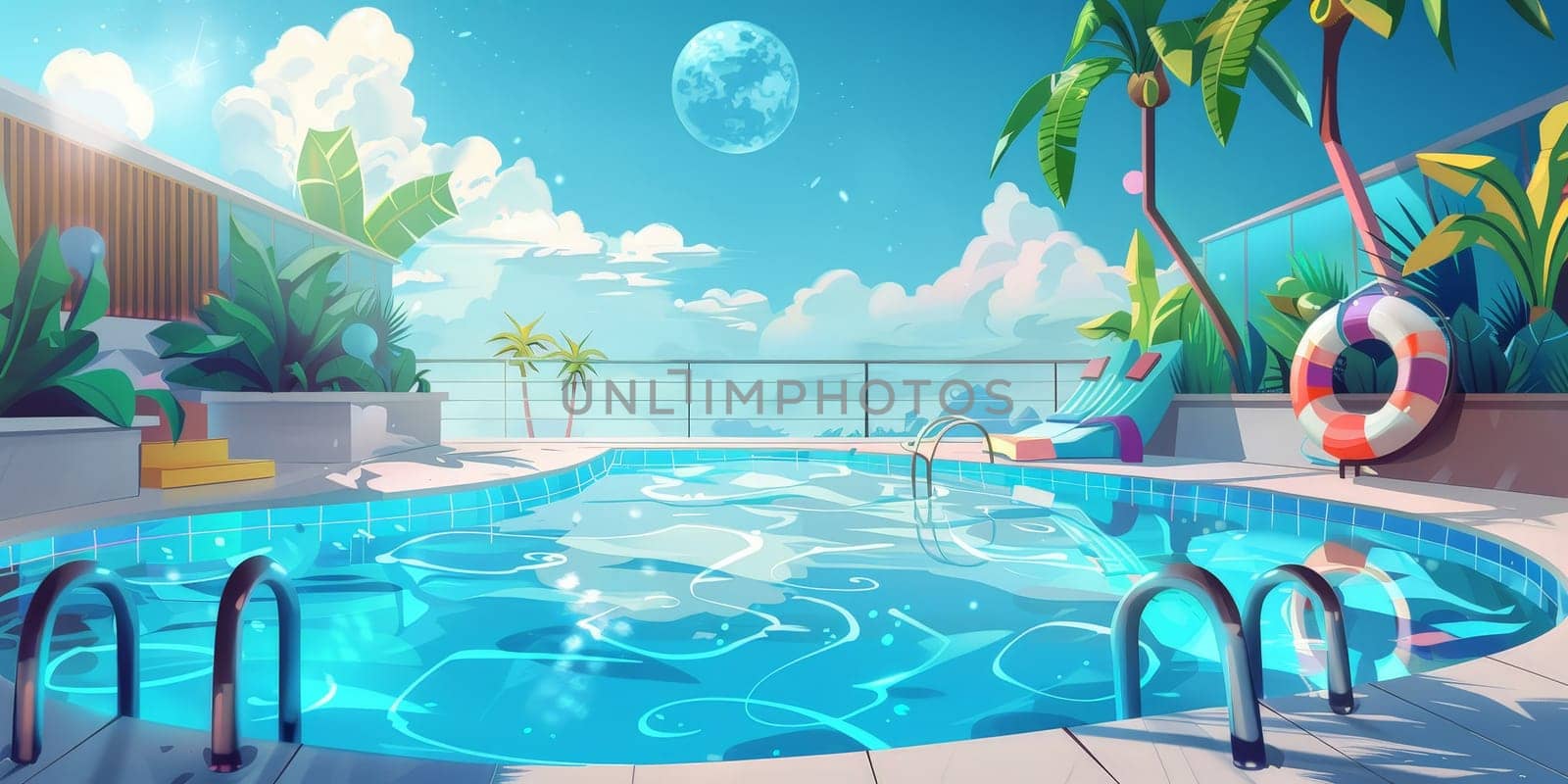 A computer generated image of a pool with a moon in the sky by nateemee
