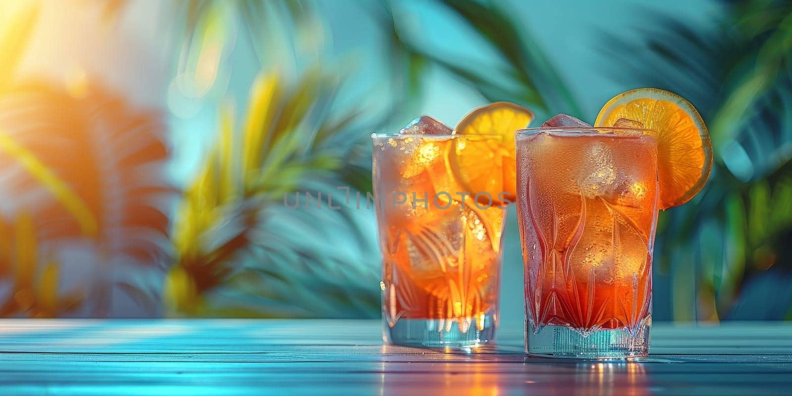 Two drinks with ice and orange slices in glasses on a table. The drinks are in a tropical setting with palm trees in the background