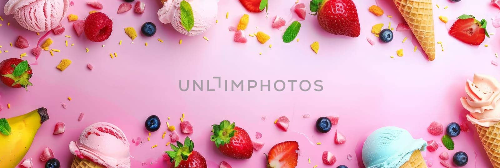 A colorful assortment of ice cream, fruit, and other treats on a pink background. Concept of fun and indulgence, inviting viewers to enjoy the delicious treats