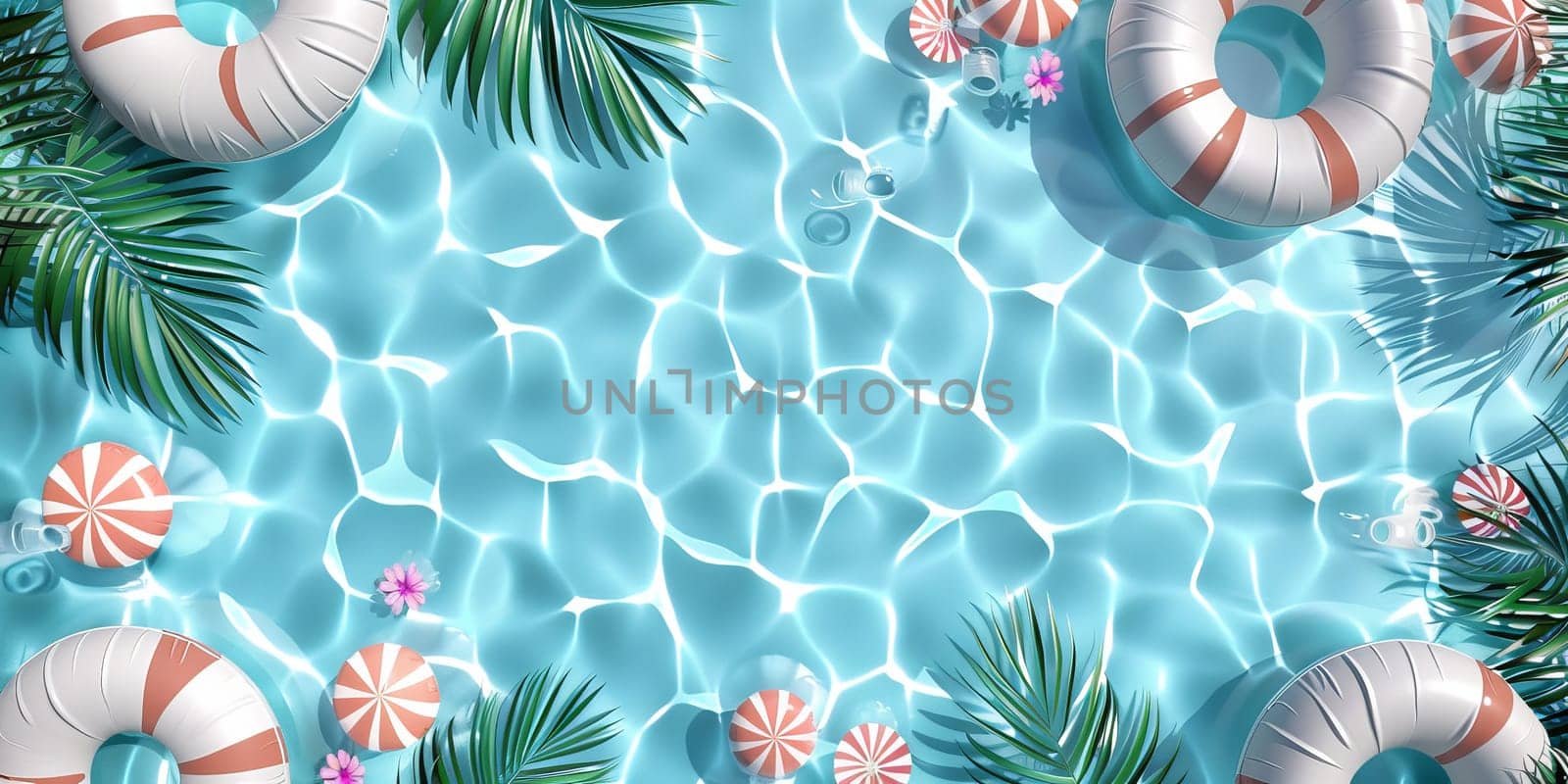 A blue pool with a white and pink umbrella and a pink and white flower by nateemee
