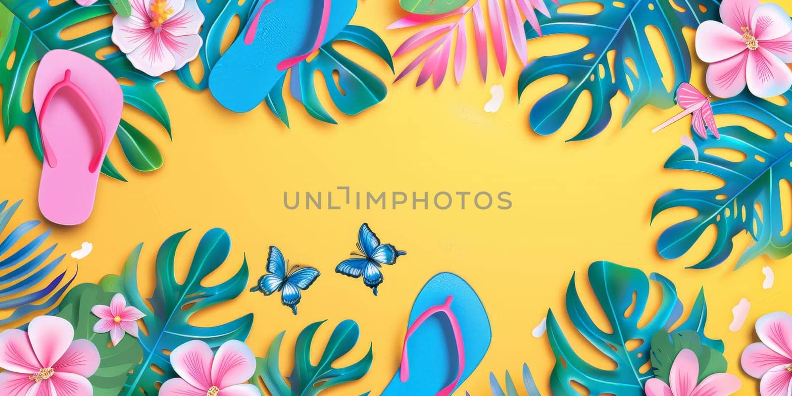 A yellow background with a bunch of flowers and a pair of flip flops