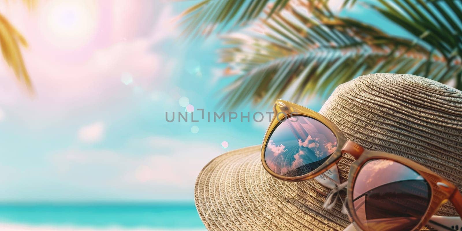 A pair of sunglasses and a straw hat are on a beach by nateemee