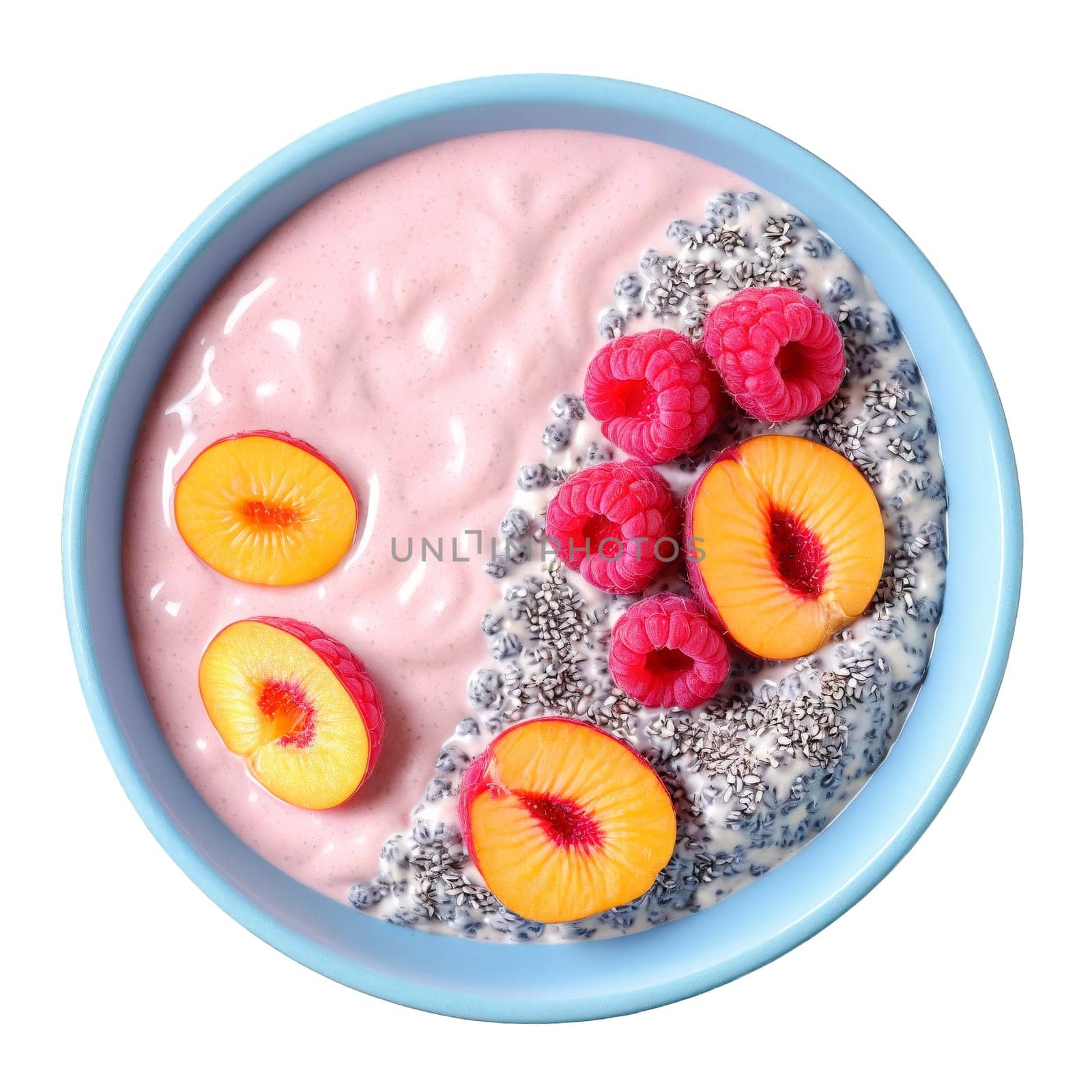 Breakfast smoothie bowl with a thick blend of frozen raspberries banana and coconut milk topped by panophotograph