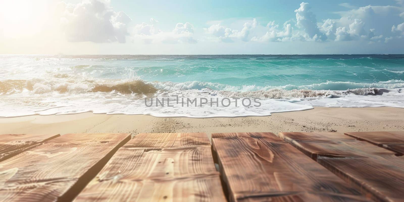 A wooden board is on the beach with the ocean in the background