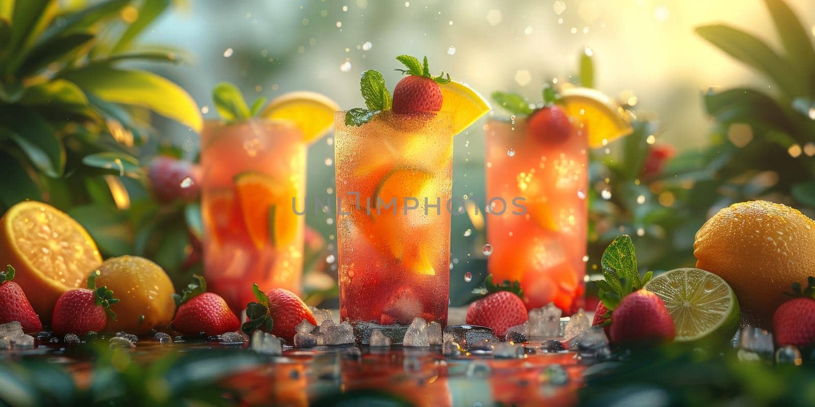 A colorful drink with strawberries, oranges, and limes is displayed on a table. The drink is served in three different glasses, each with a different fruit garnish