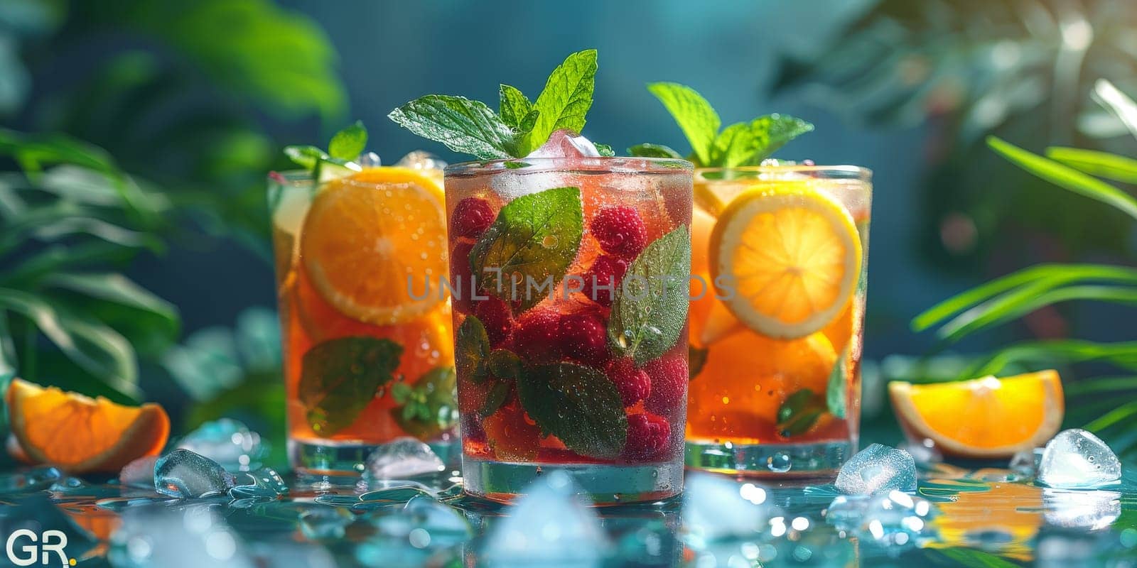 Three glasses of mixed fruit drinks with ice cubes and mint leaves. The drinks are served in a tropical setting with palm trees and a blue background