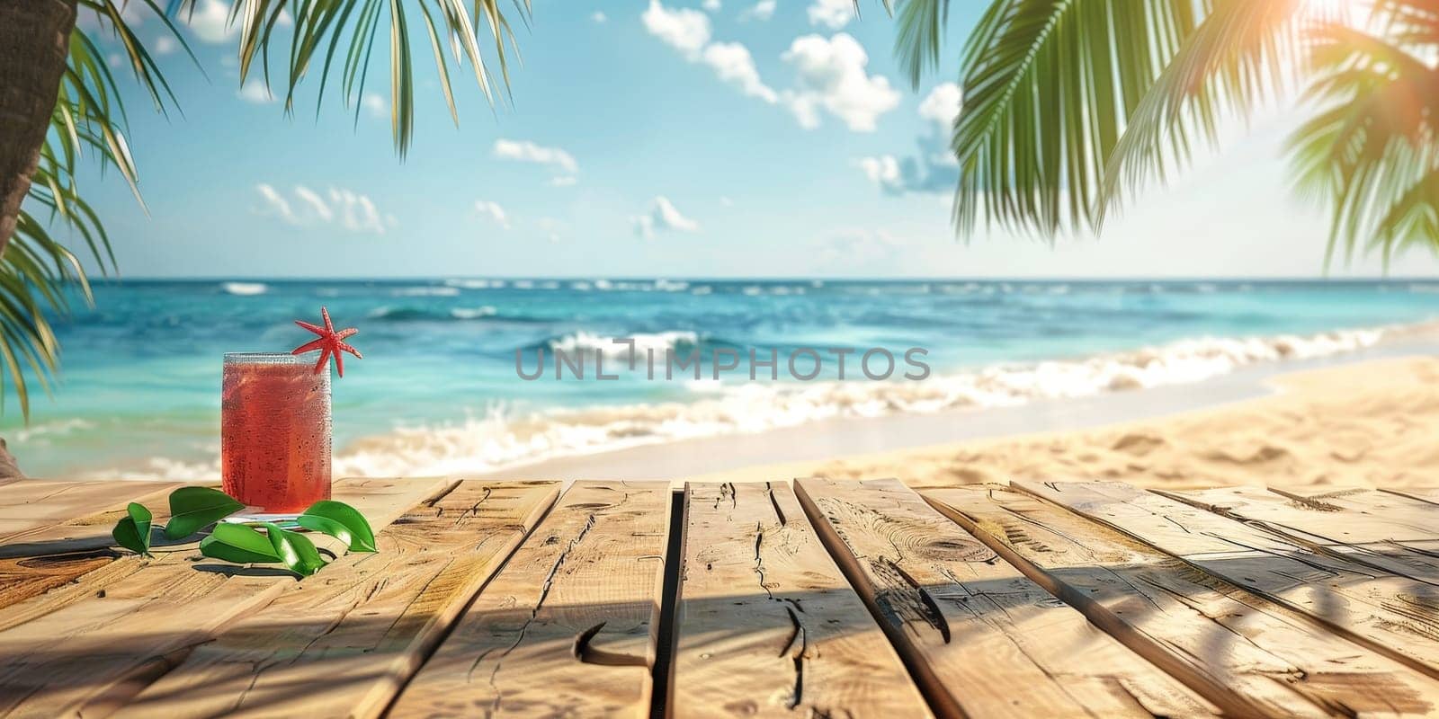 A beach scene with a drink on a table. The drink is a cocktail with a red garnish. The table is on a wooden board and is in front of the ocean. Scene is relaxed and carefree