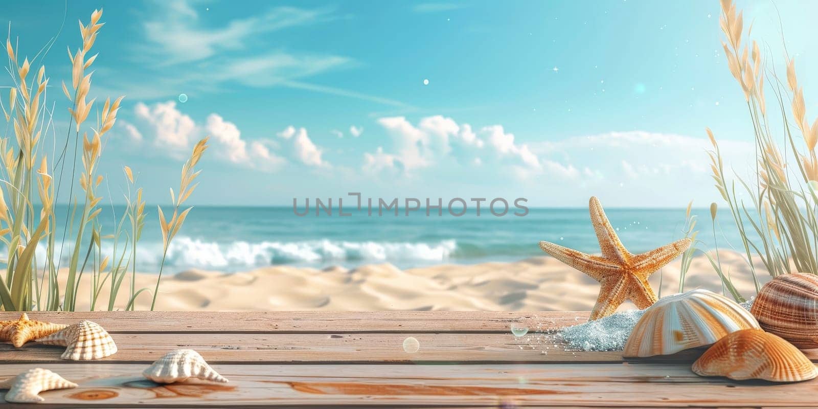 A beach scene with a wooden table and a starfish and shells on it. Scene is calm and relaxing, as it depicts a peaceful beach setting