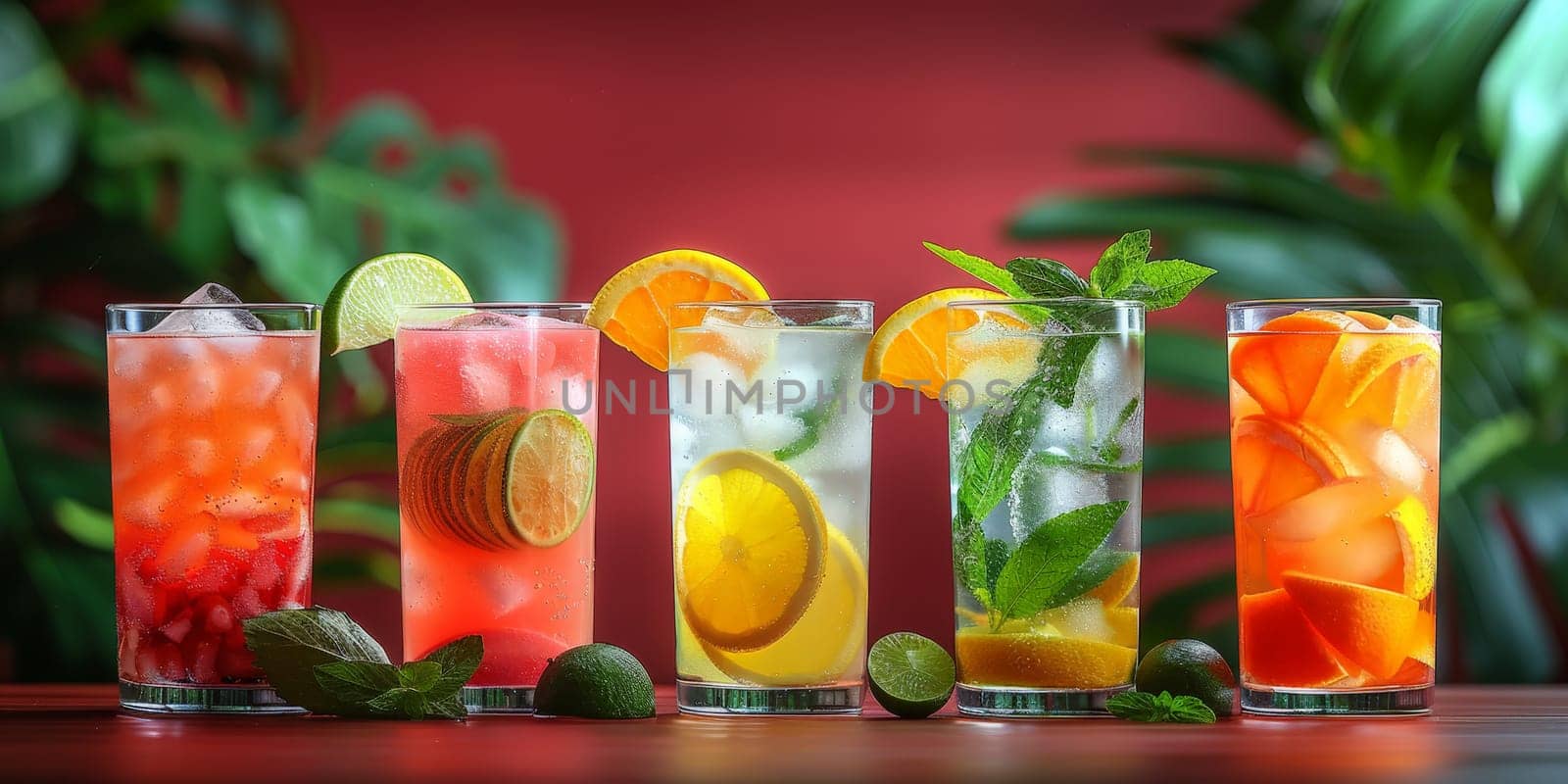 A row of five drinks with different flavors and garnishes. The drinks are in glasses and are lined up on a table
