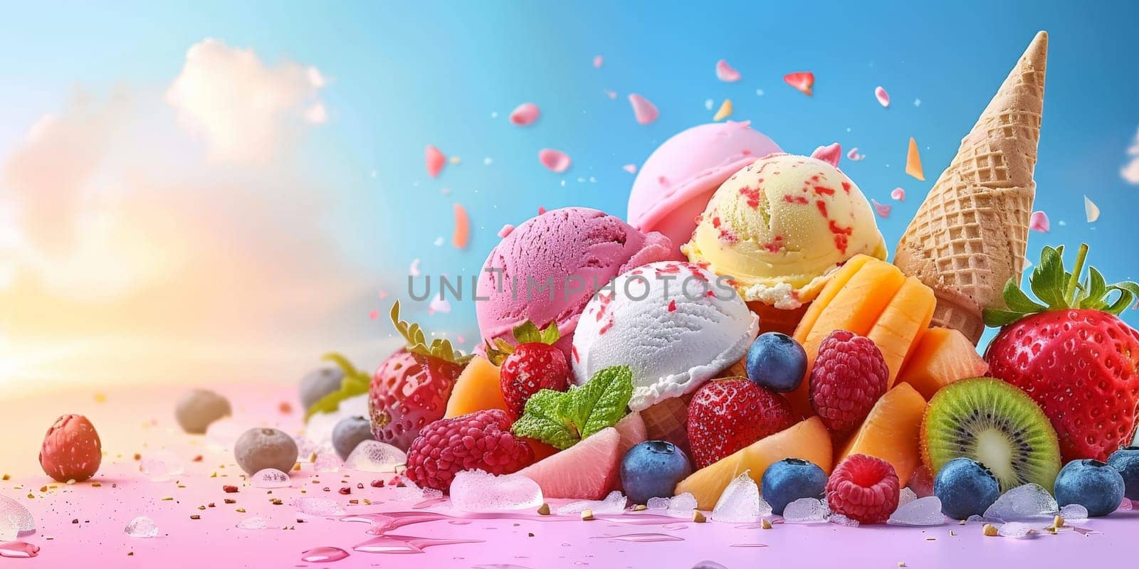A colorful assortment of ice cream and fruit, including strawberries, blueberries, and kiwi
