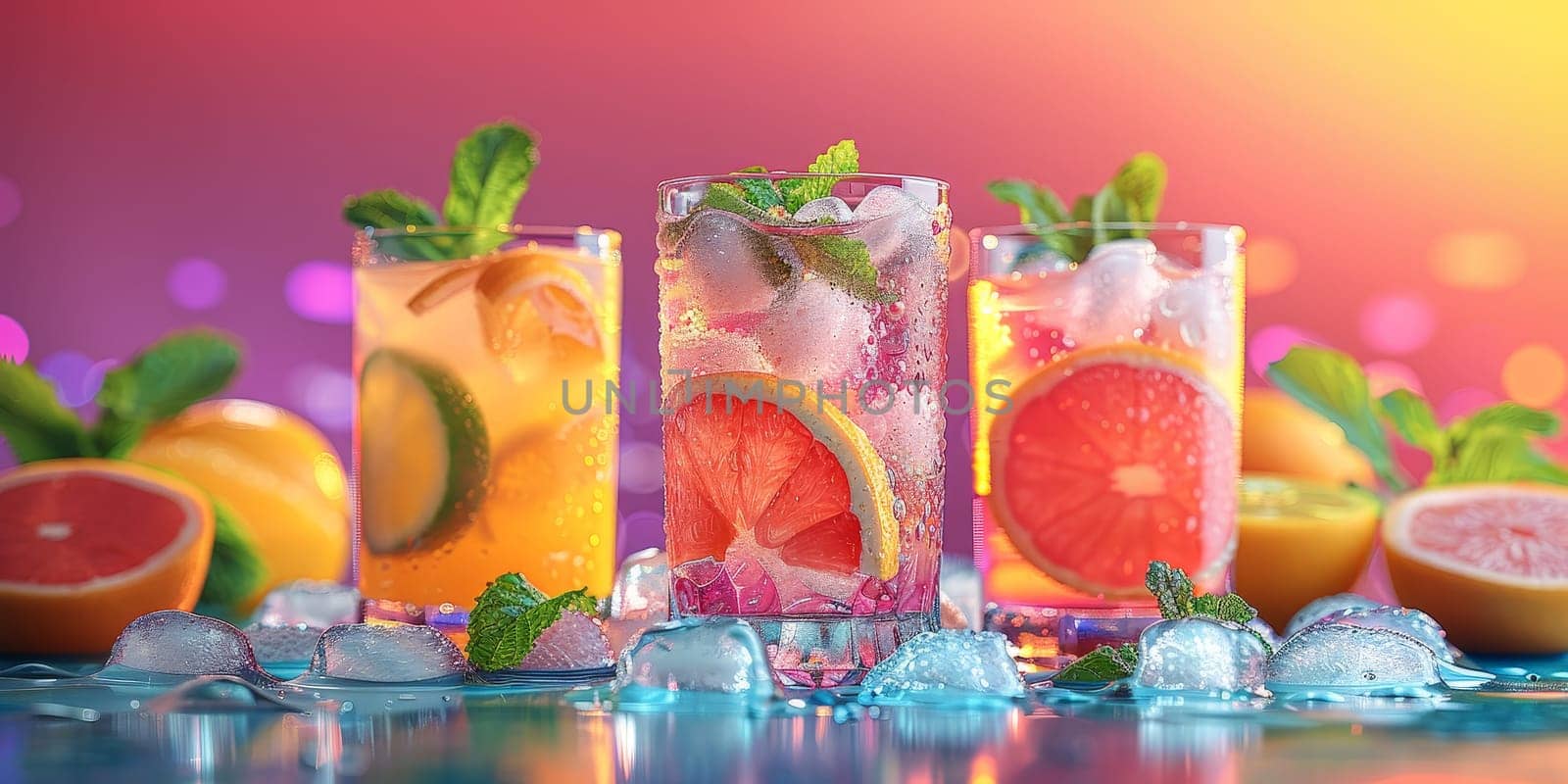 Three glasses of fruit punch with ice cubes and garnishes on a table