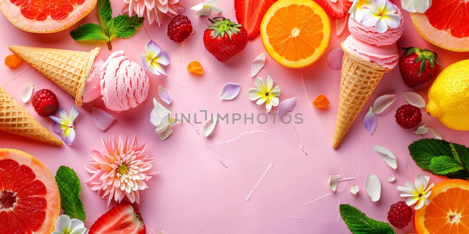 A colorful display of fruit and ice cream on a pink background. The ice cream is in a cone and surrounded by strawberries, oranges, and raspberries. Concept of fun and indulgence