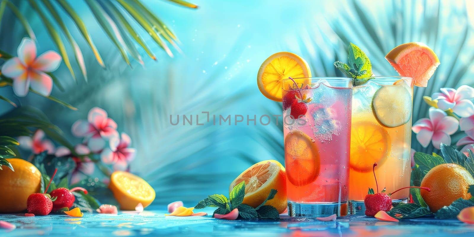 A tropical scene with two glasses of fruit punch and a bunch of fruit on a table by nateemee