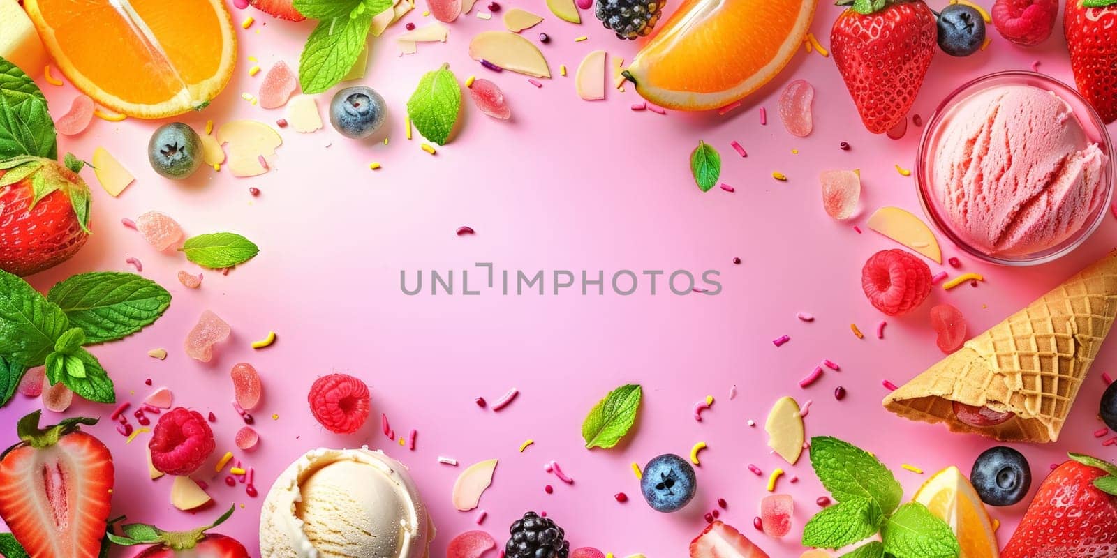 A colorful display of fruit and ice cream on a pink background by nateemee