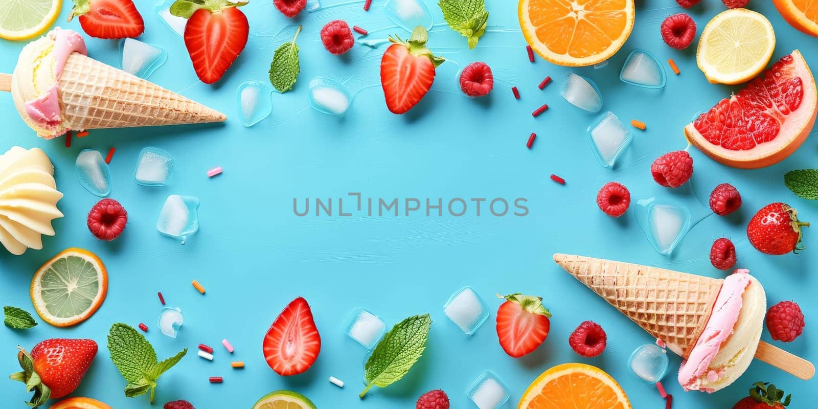 A blue background with a variety of fruits and ice cream