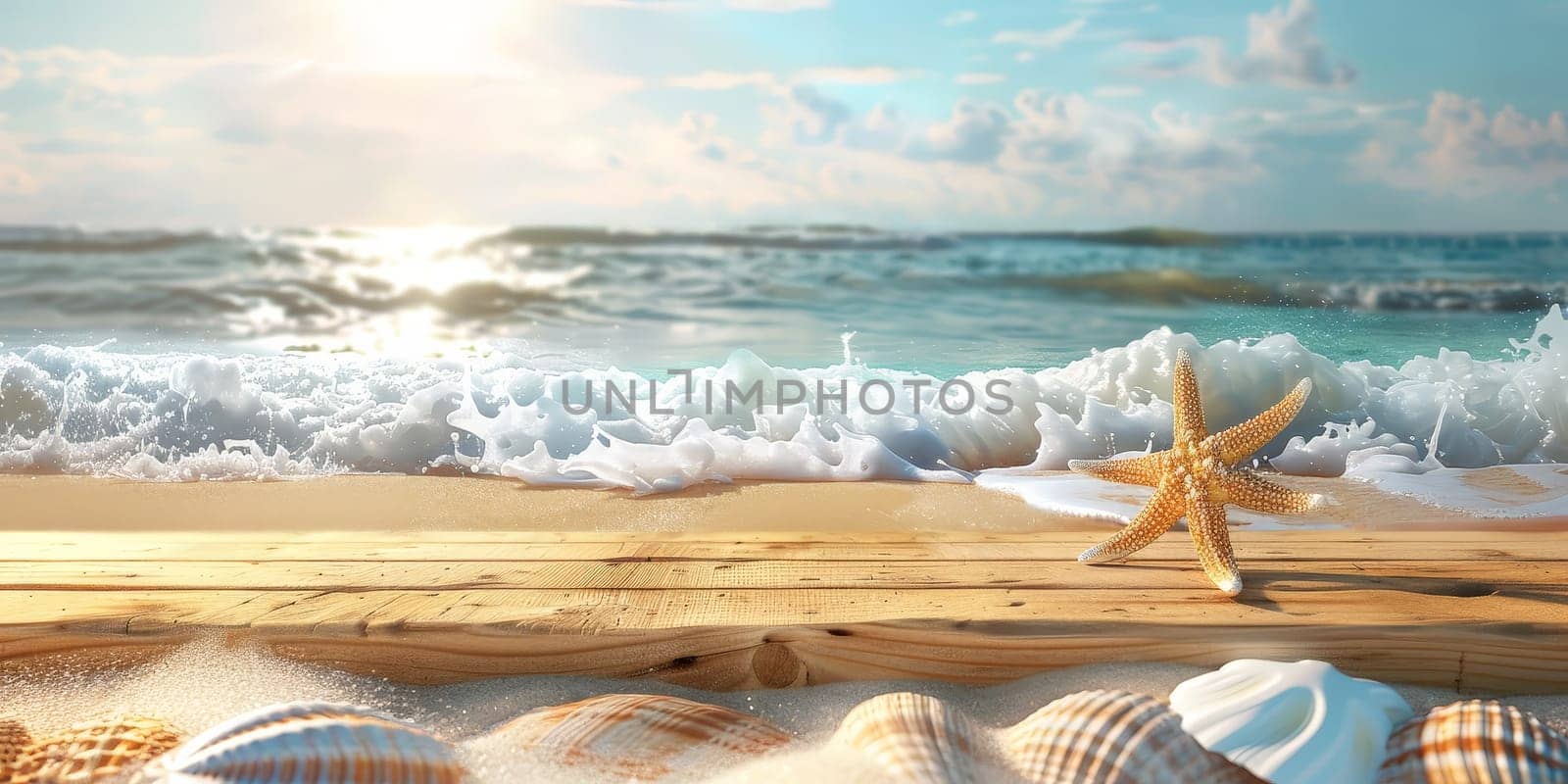 A starfish is on a beach next to the ocean. The starfish is the main focus of the image, and it is a peaceful and serene scene