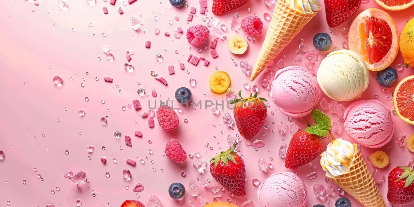 A colorful display of ice cream, fruit, and ice cream cones on a pink background. Concept of fun and indulgence, as the various flavors and textures of the ice cream