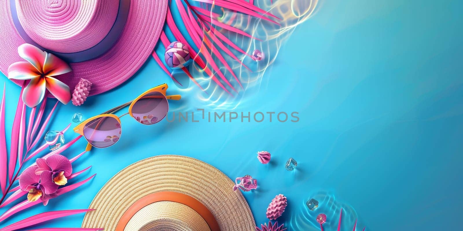 A blue background with two pink hats and sunglasses on it by nateemee