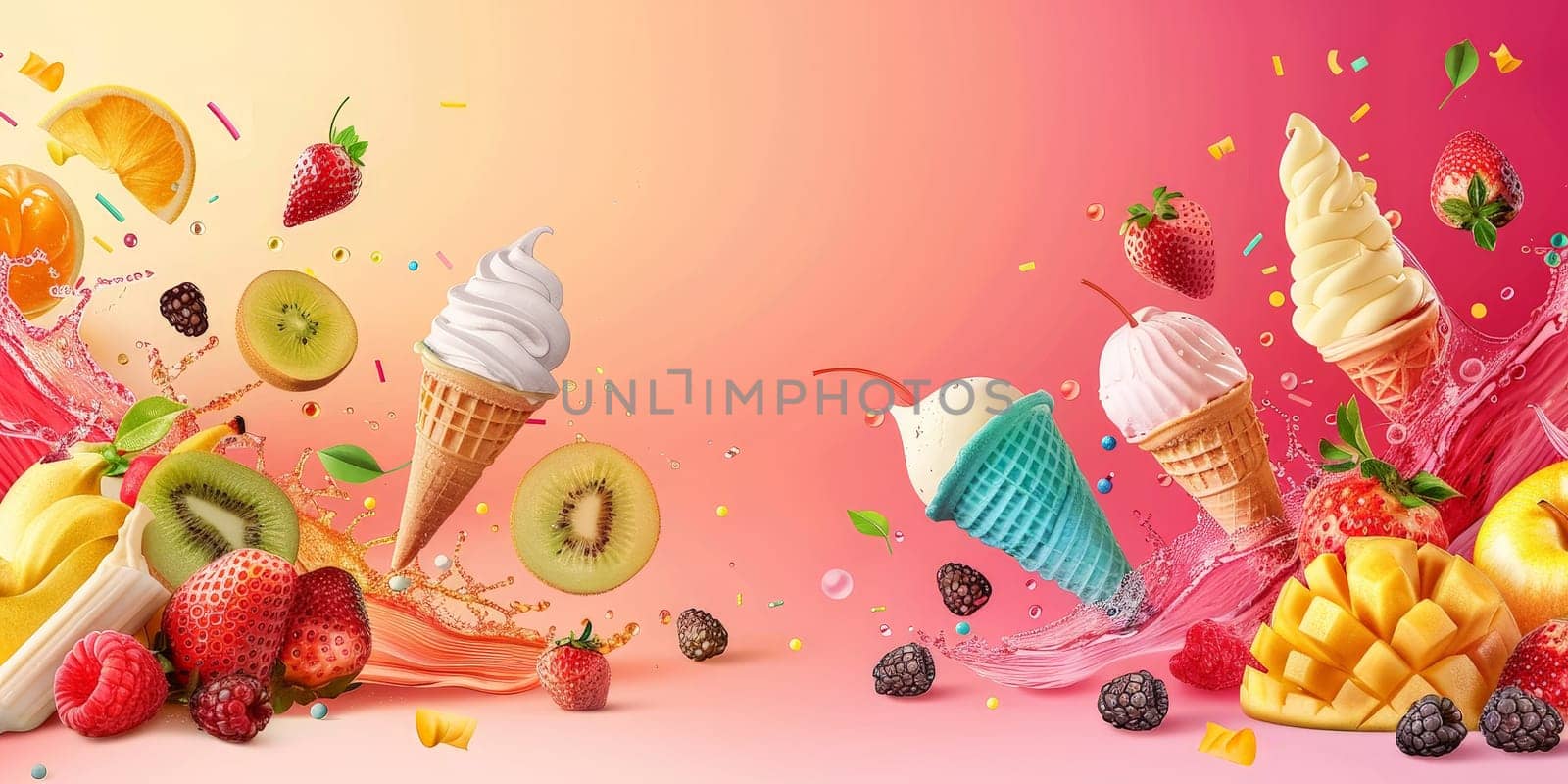 A colorful background with ice cream and fruit on it