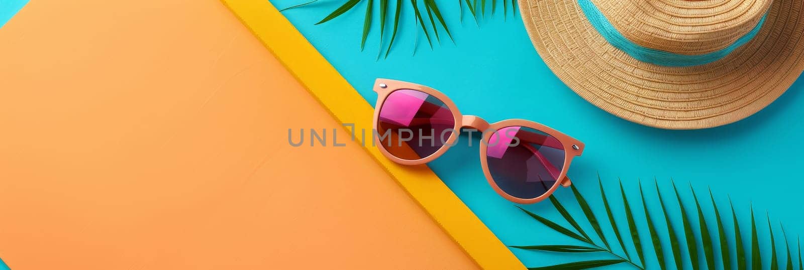 A pair of sunglasses and a straw hat are on a blue background