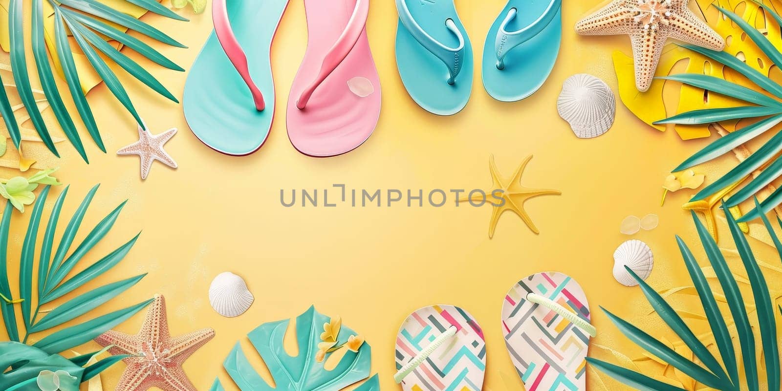 A beach scene with a yellow background and a bunch of colorful flip flops and seashells