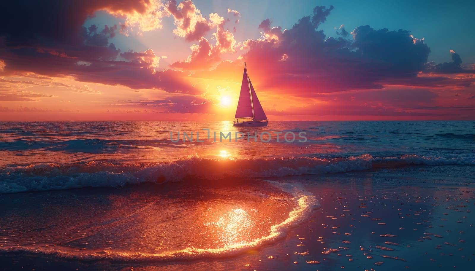 A sailboat is sailing on a beautiful, colorful ocean at sunset. The sky is filled with vibrant colors, creating a serene and peaceful atmosphere. The boat is the focal point of the scene
