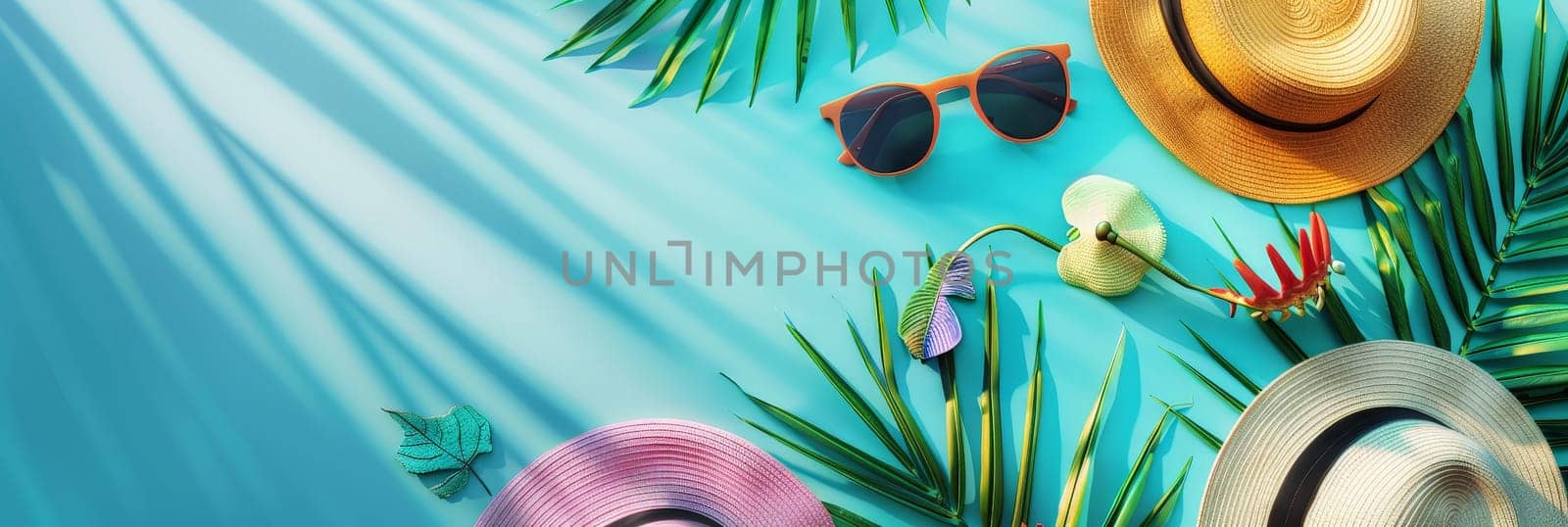 A beach scene with hats, sunglasses, and flowers by nateemee