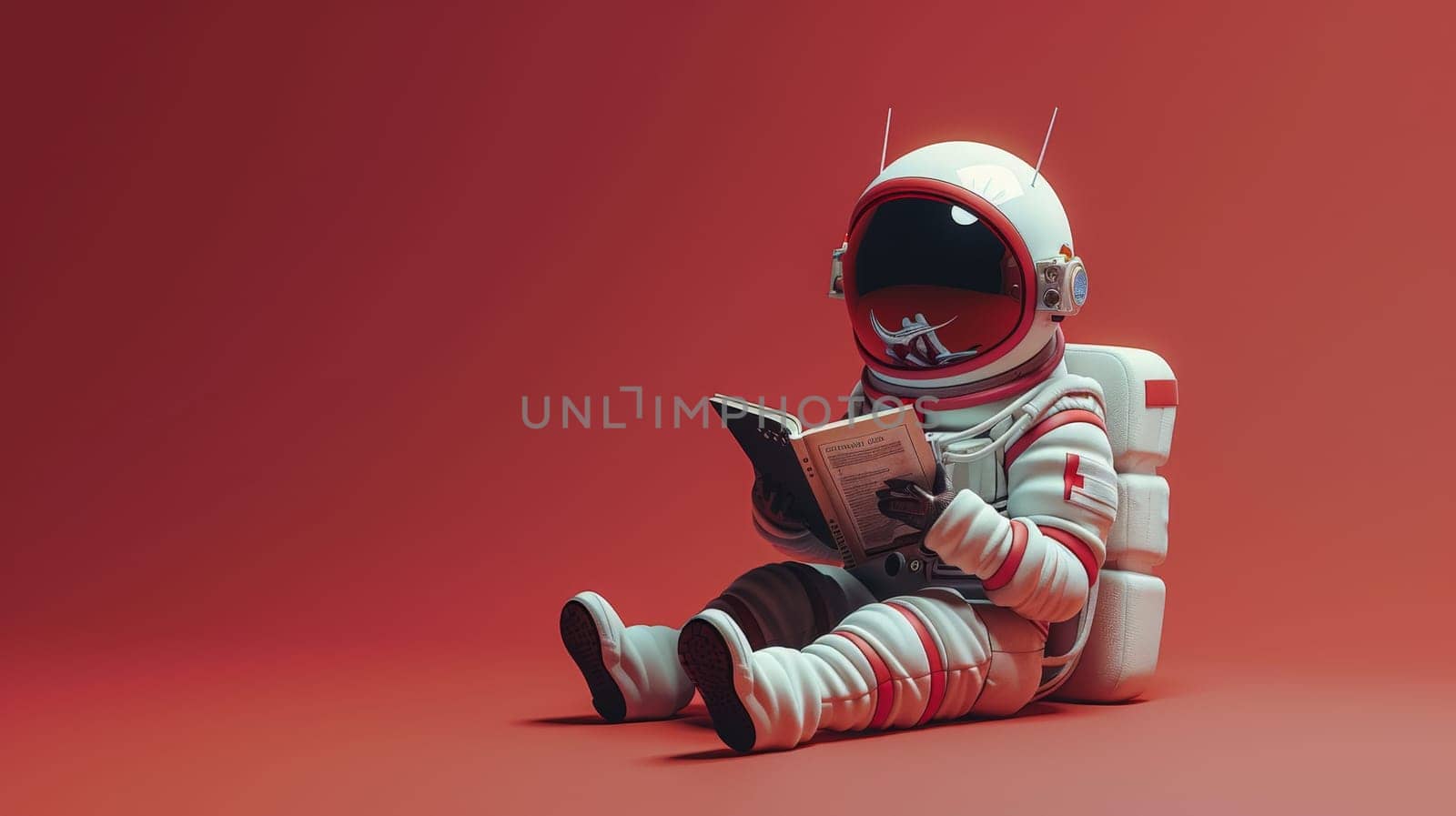 A cute little astronaut sitting and reading a book, Miniature astronaut reading a book.