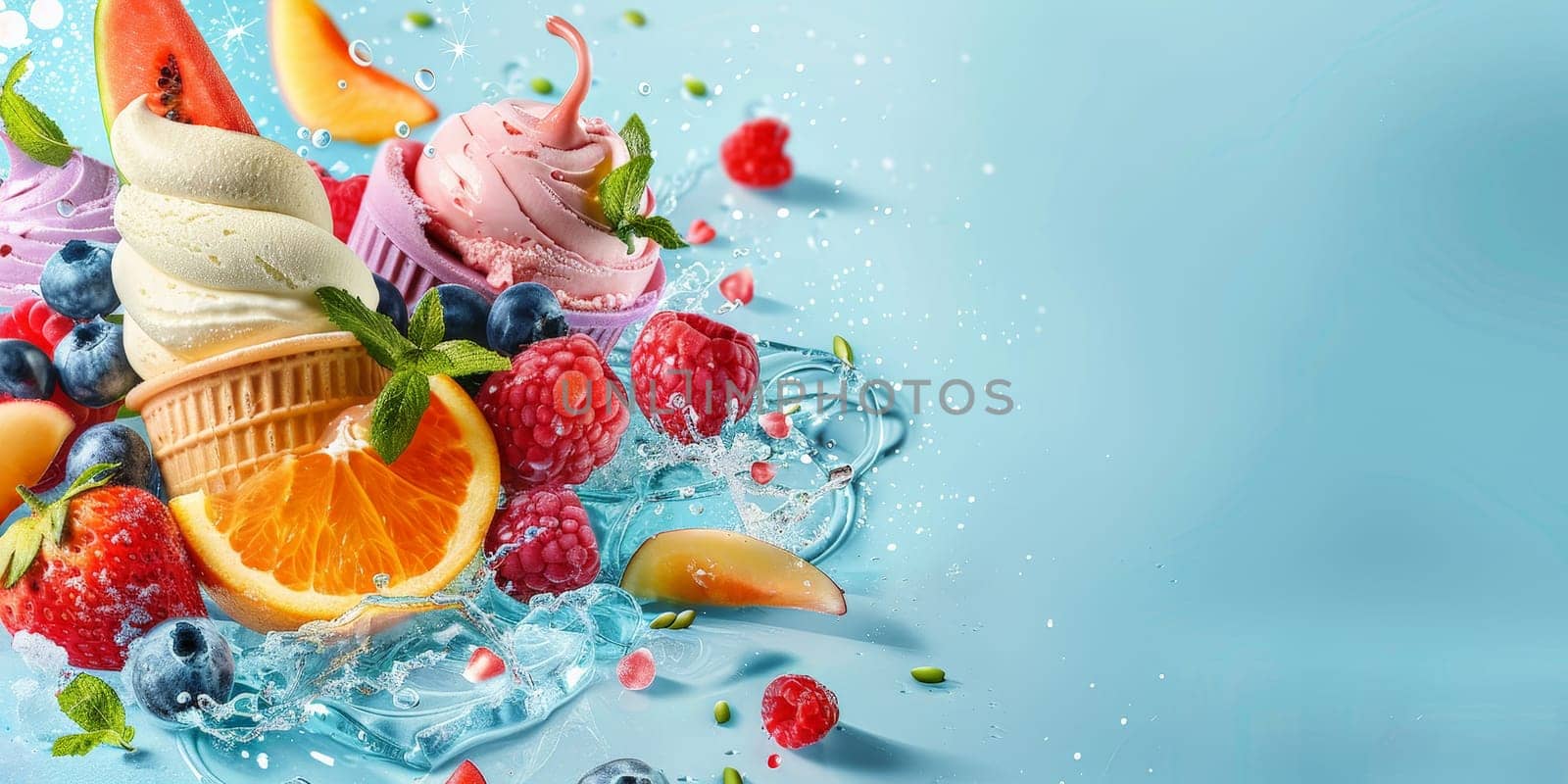 A blue background with a blue and white ice cream cone with a blue and white swirl on it. The cone is surrounded by a variety of fruits including oranges, blueberries, and raspberries