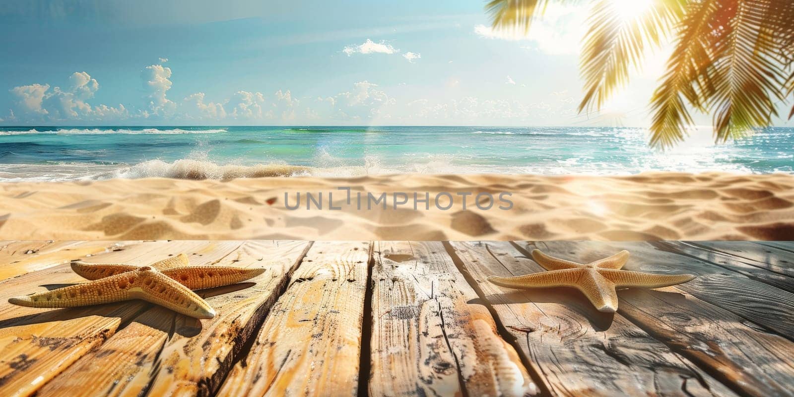 A beach scene with two starfish on a wooden board. Scene is peaceful and relaxing, as it captures a moment of tranquility at the beach