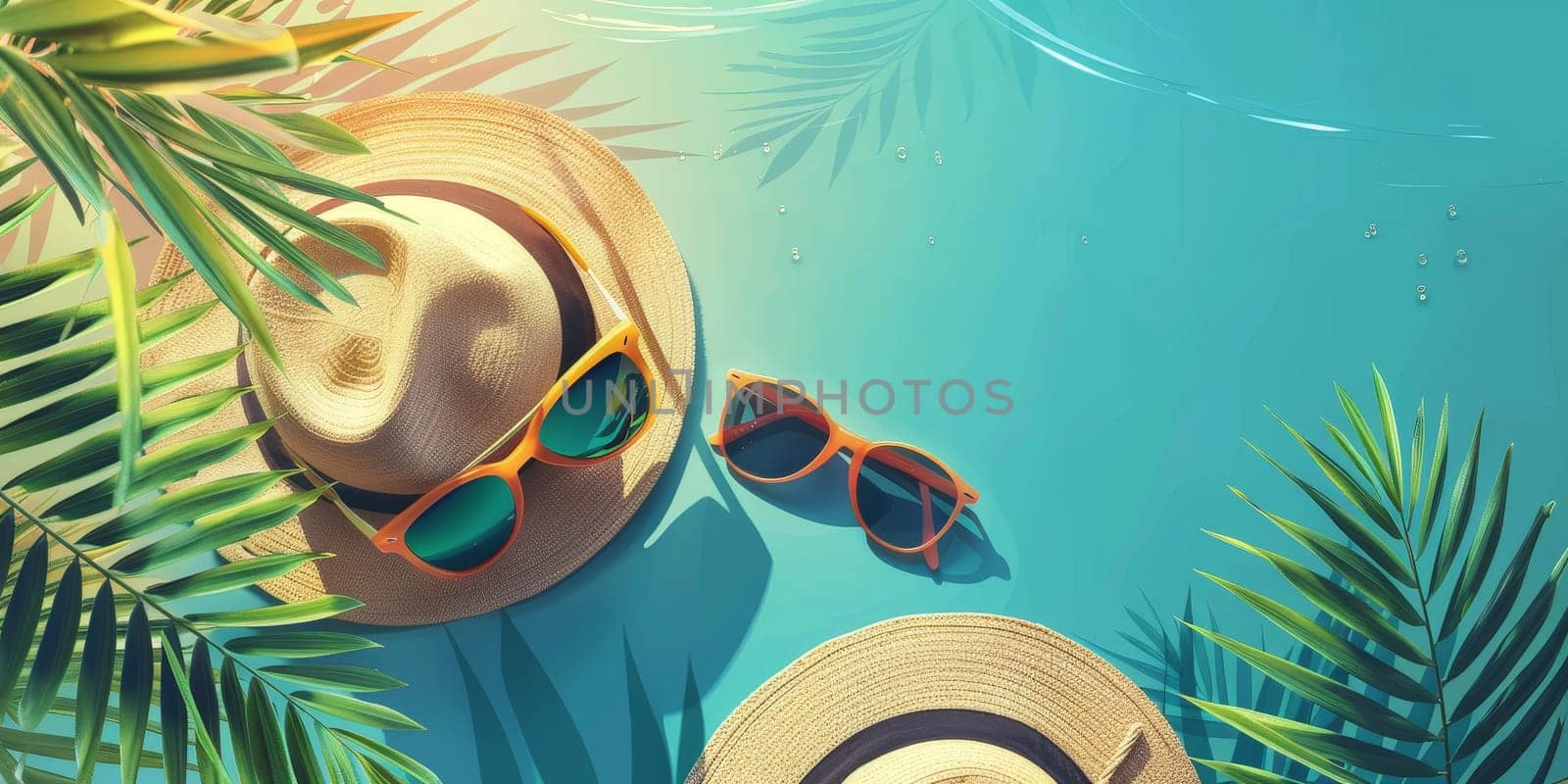 Two hats and sunglasses on a beach. Scene is sunny and relaxing