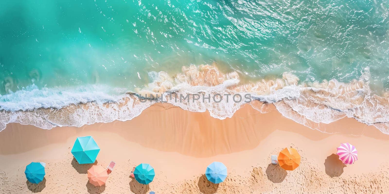 A beach scene with many umbrellas and a blue ocean. Scene is relaxed and sunny