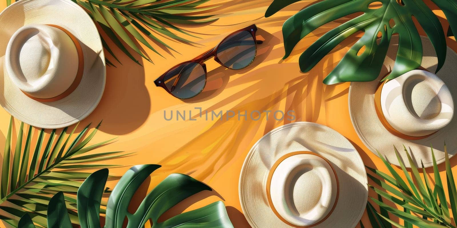 A tropical scene with hats, sunglasses, and palm trees