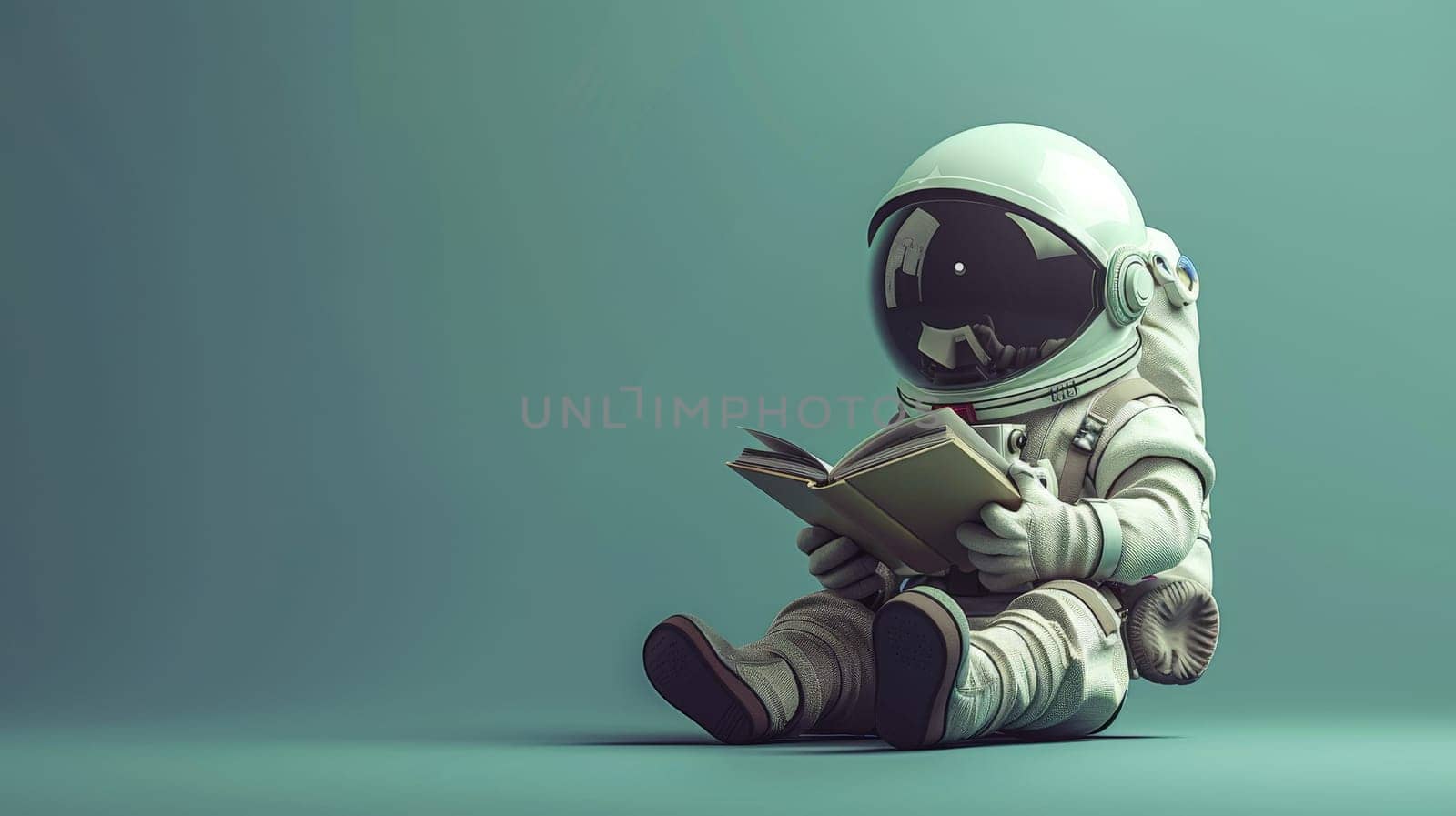 A cute little astronaut sitting and reading a book, Miniature astronaut reading a book.