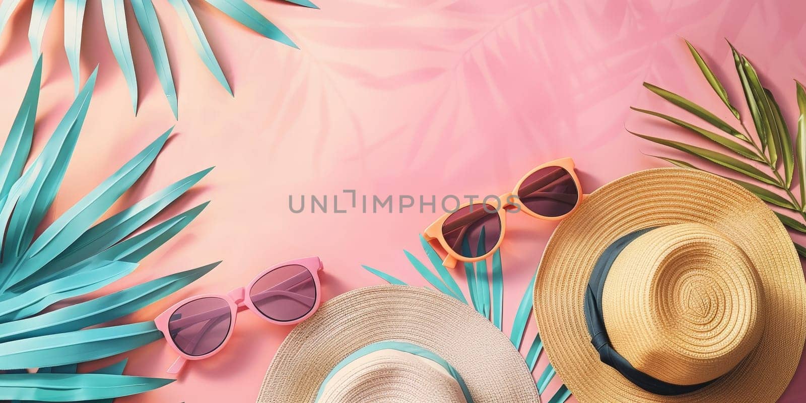 A pink background with three sunglasses and two straw hats by nateemee