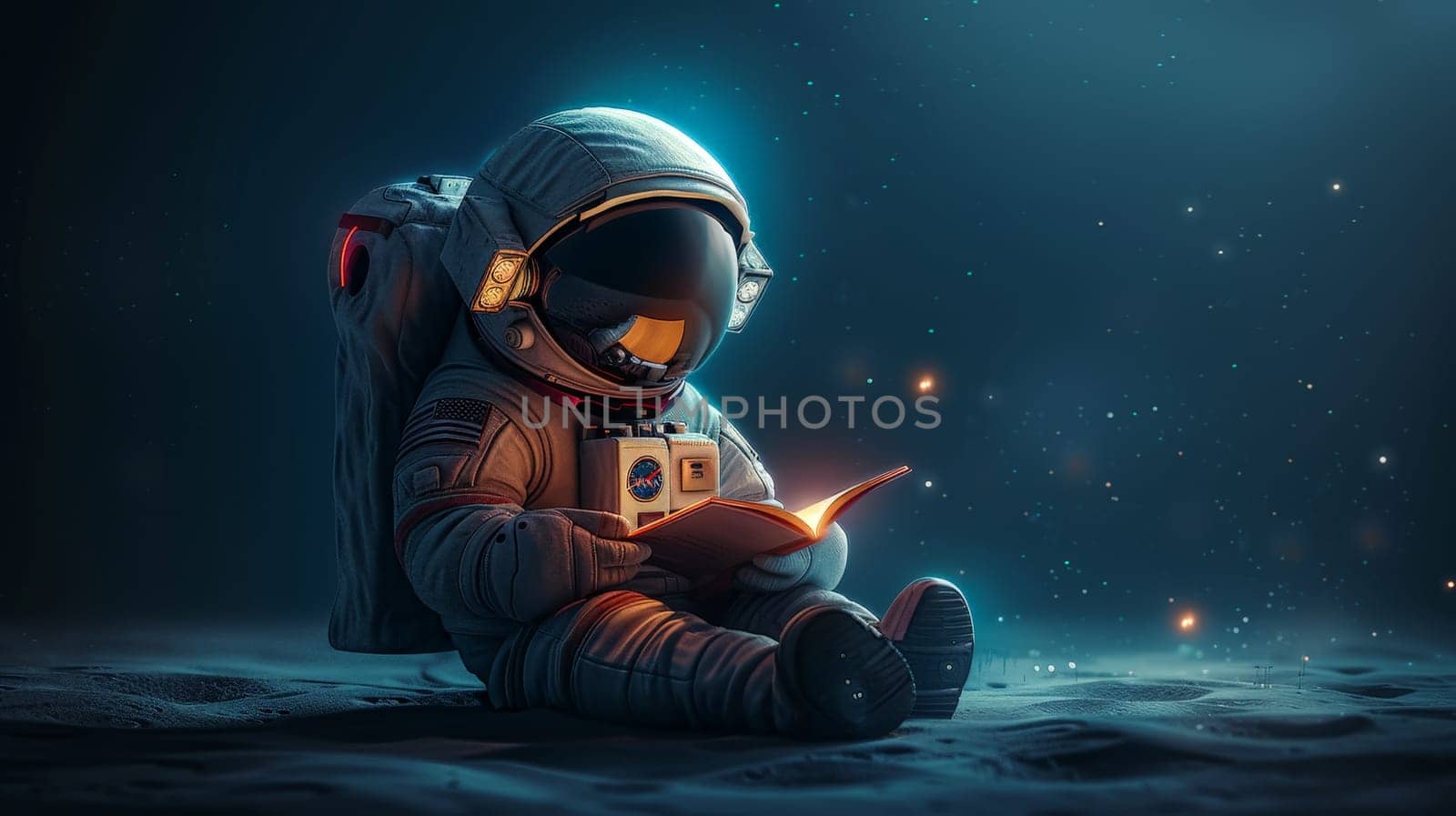 A cute little astronaut sitting and reading a book, Miniature astronaut reading a book.