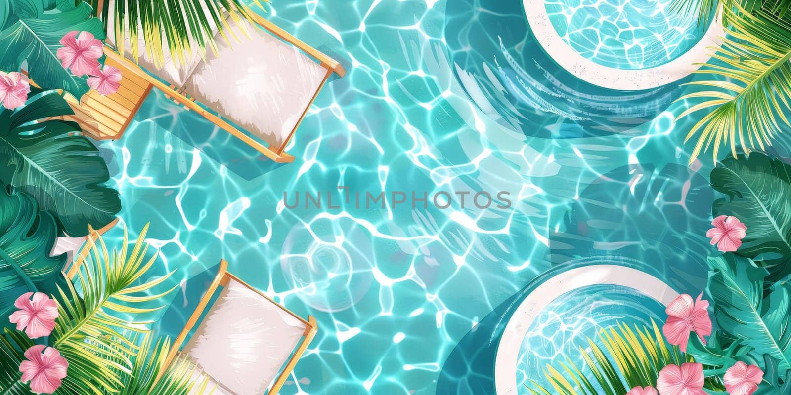 A tropical pool with two lounge chairs and a small pool with pink flowers. Scene is relaxing and serene