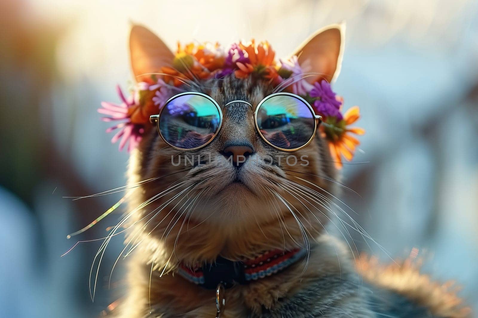 Gray tabby cat with a wreath of flowers on his head and wearing sunglasses. Hippie cat. Generated by artificial intelligence by Vovmar