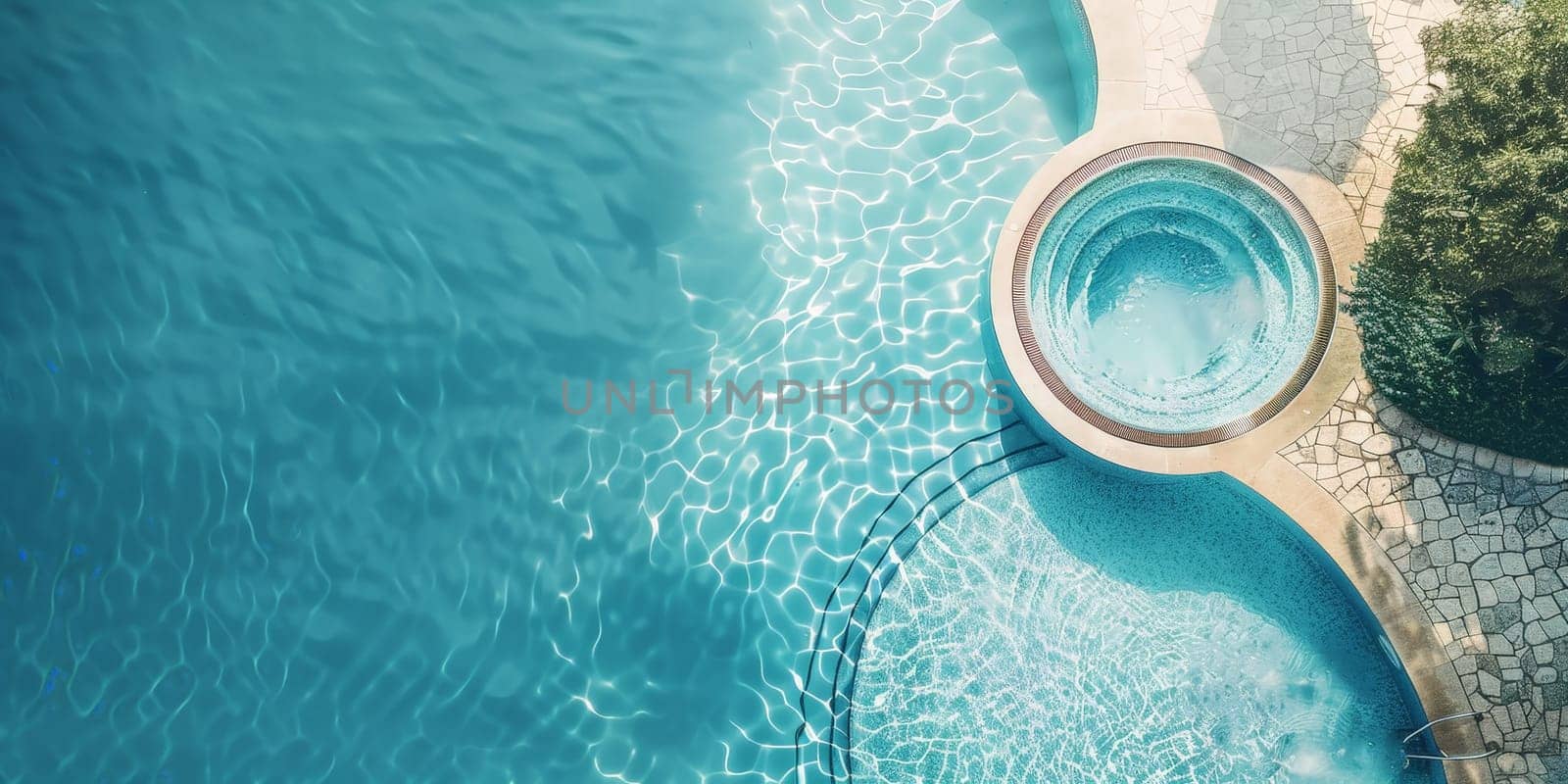 A pool with a spa and a tree in the background. The water is calm and clear. The pool is surrounded by a white fence