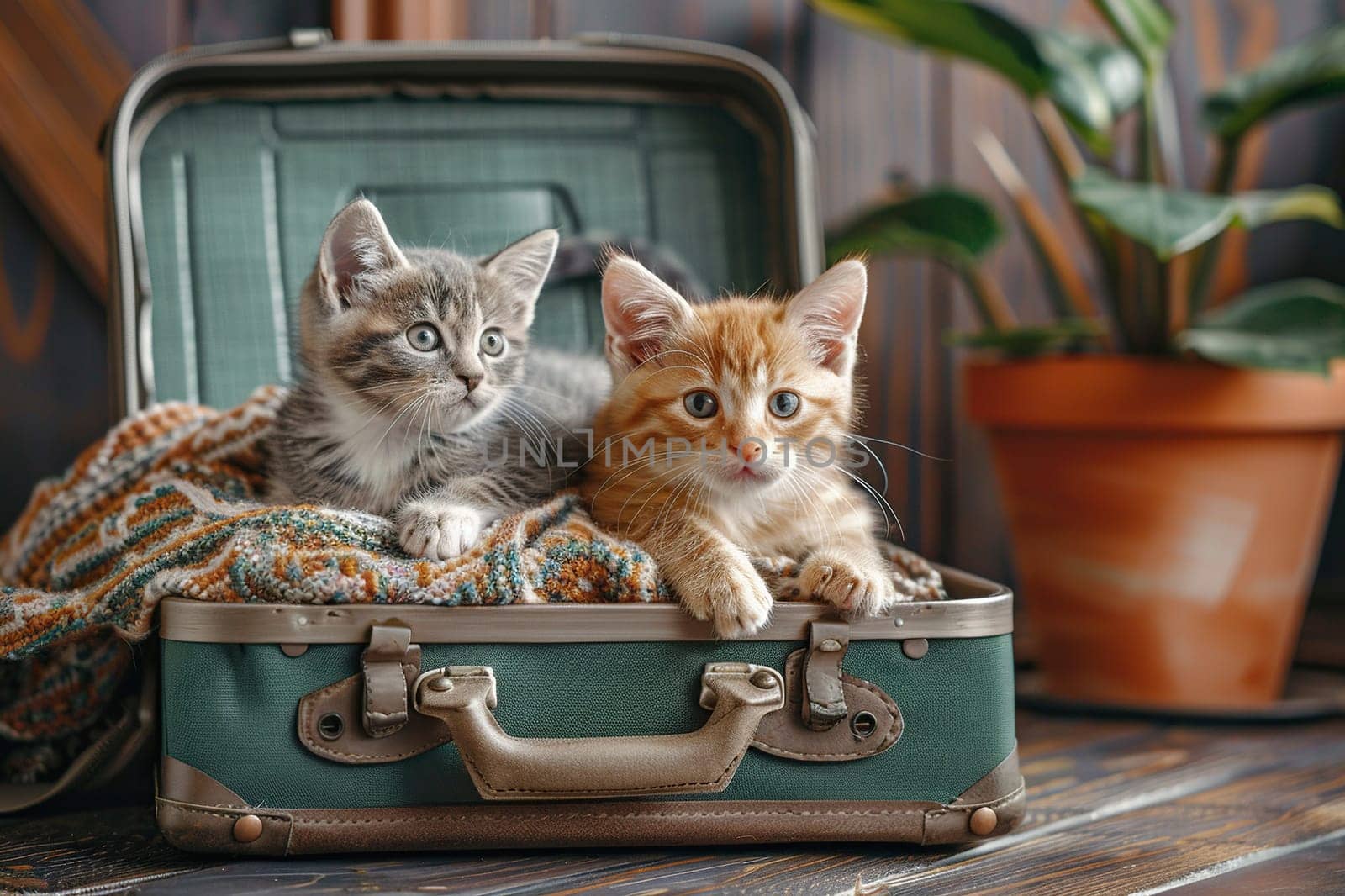Two cute kittens are sitting in an open vintage suitcase with things. Travel, pets concept.