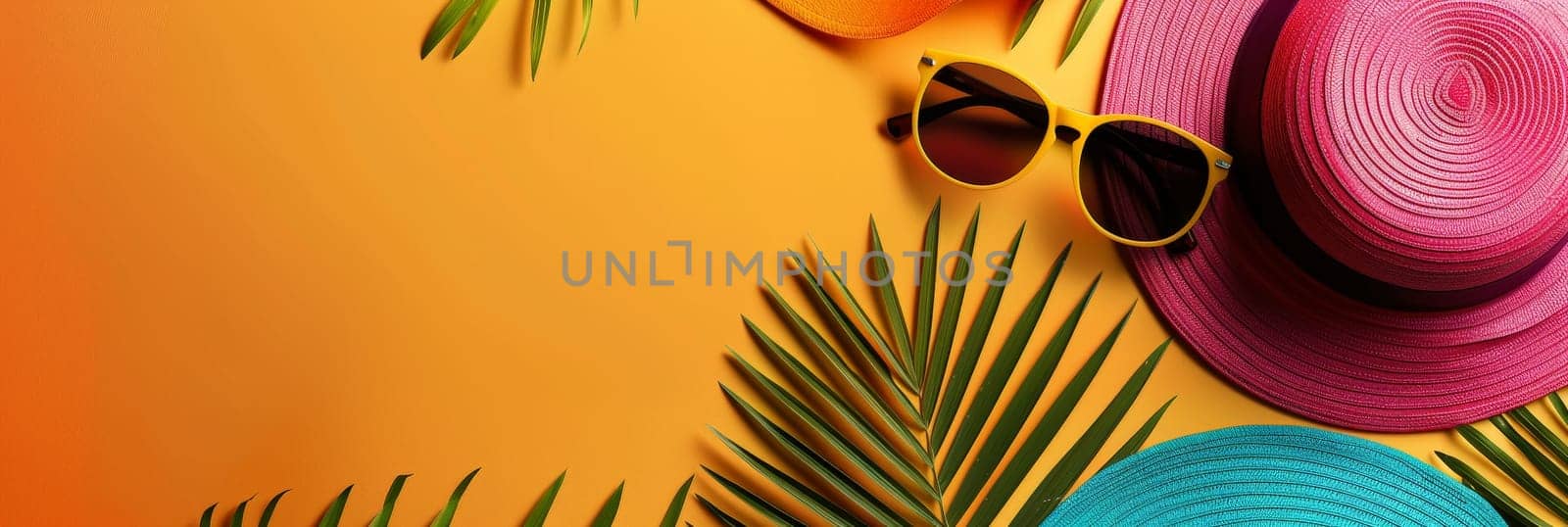 A colorful beach scene with a yellow hat and sunglasses on top of a leaf by nateemee