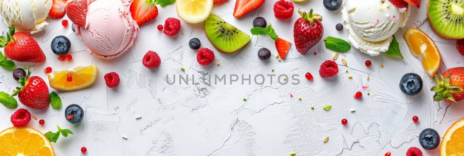 A white background with a variety of fruits and ice cream. The fruits include strawberries, blueberries, raspberries, and oranges