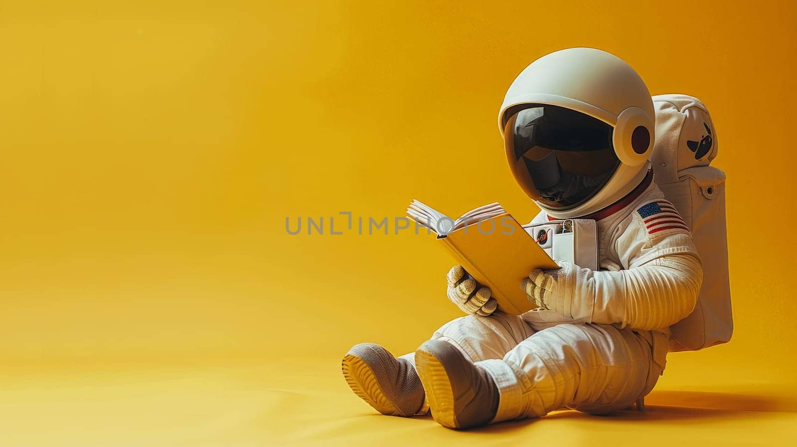 A cute little astronaut sitting and reading a book, Miniature astronaut reading a book.