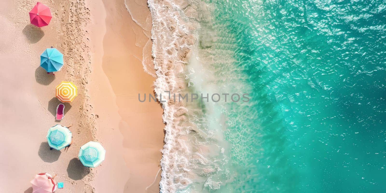 A beach scene with umbrellas and a blue ocean. Scene is relaxed and peaceful, as the beachgoers enjoy the sun and the ocean