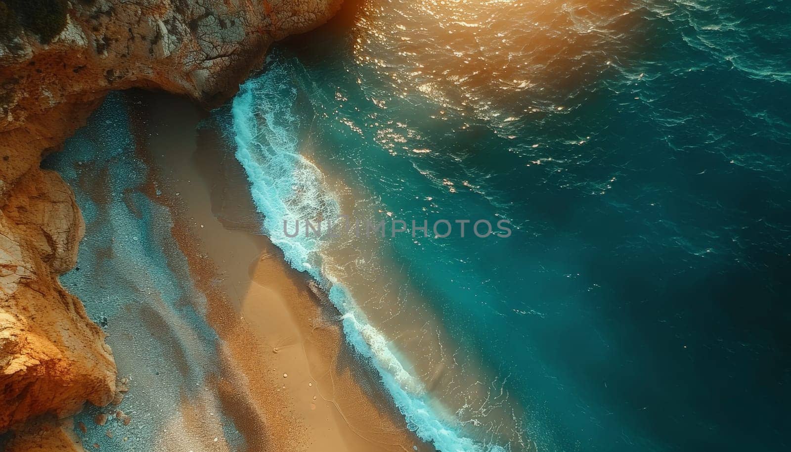 A beautiful ocean view with a rocky shoreline. The water is calm and the sky is clear