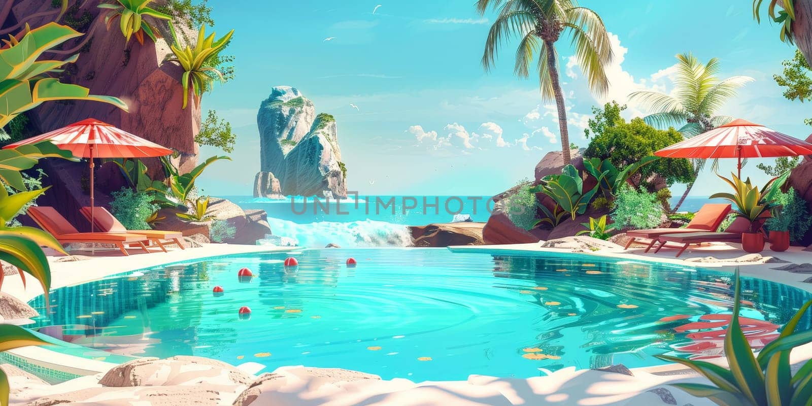 A tropical beach with a pool and umbrellas by nateemee