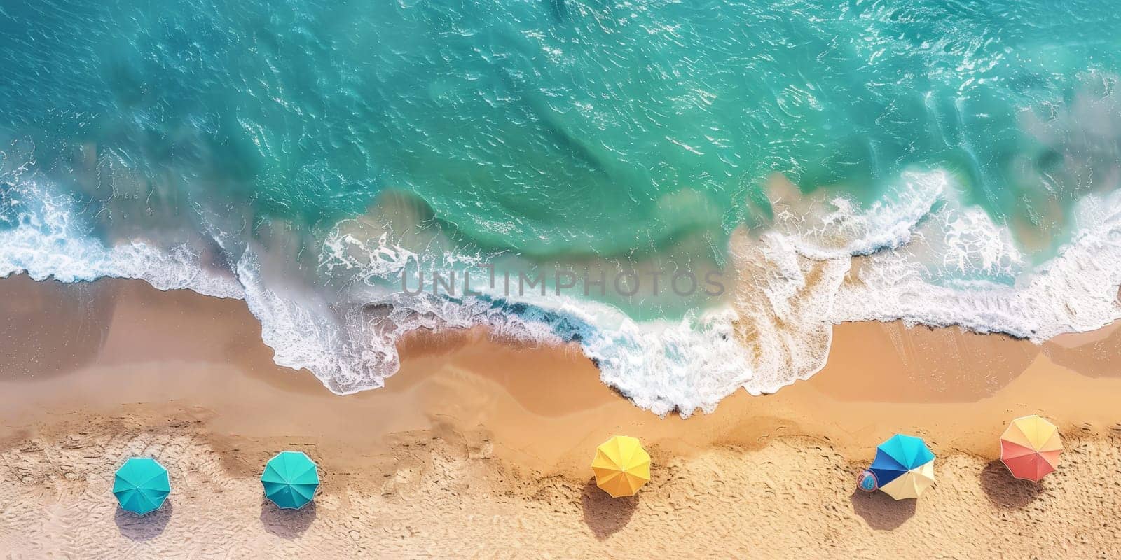 A beach scene with a row of umbrellas and a body of water. The umbrellas are yellow and blue, and they are arranged in a row