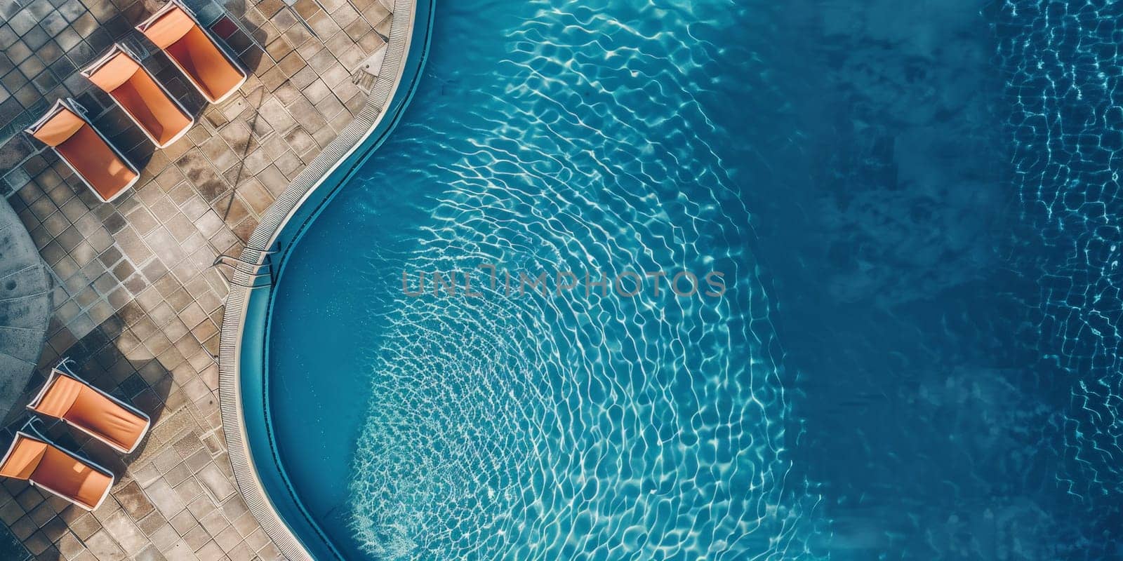 A pool with a blue water and a few orange chairs