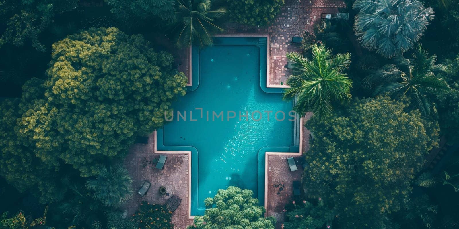 A pool with a cross design in the middle of a forest. The pool is surrounded by trees and has a greenish tint to it