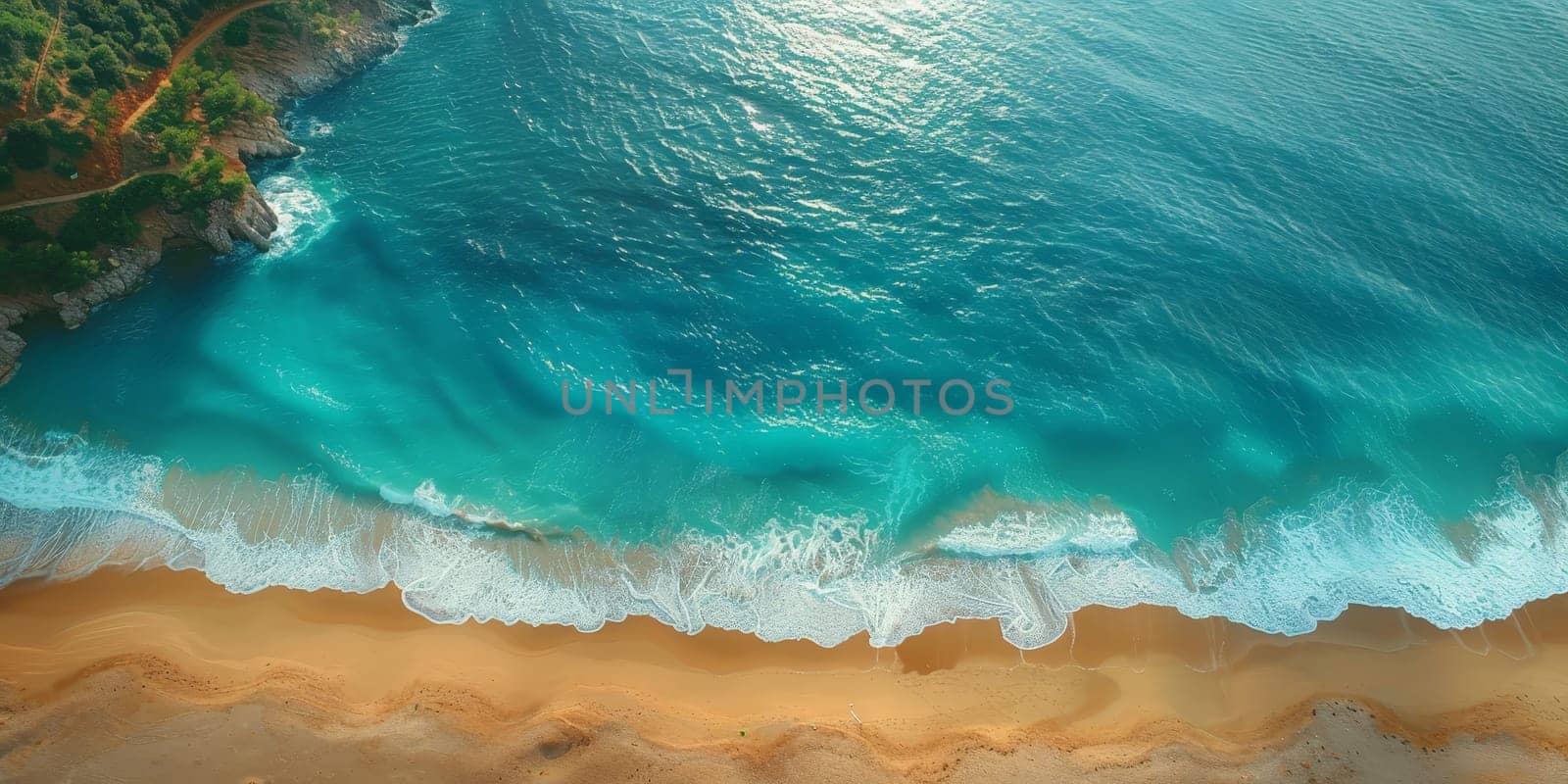 The ocean is calm and blue, with a sandy beach in the background. The water is still, and the sky is clear, creating a peaceful and serene atmosphere
